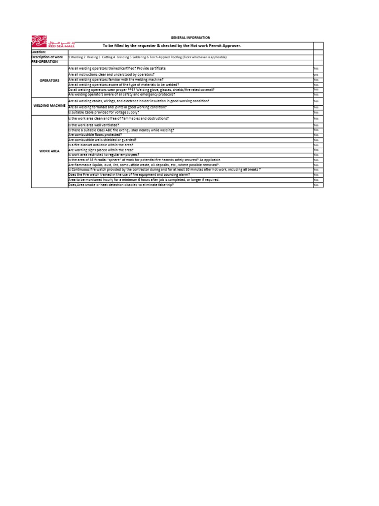 Hot Work Permit Safety Checklist | PDF | Welding | Construction