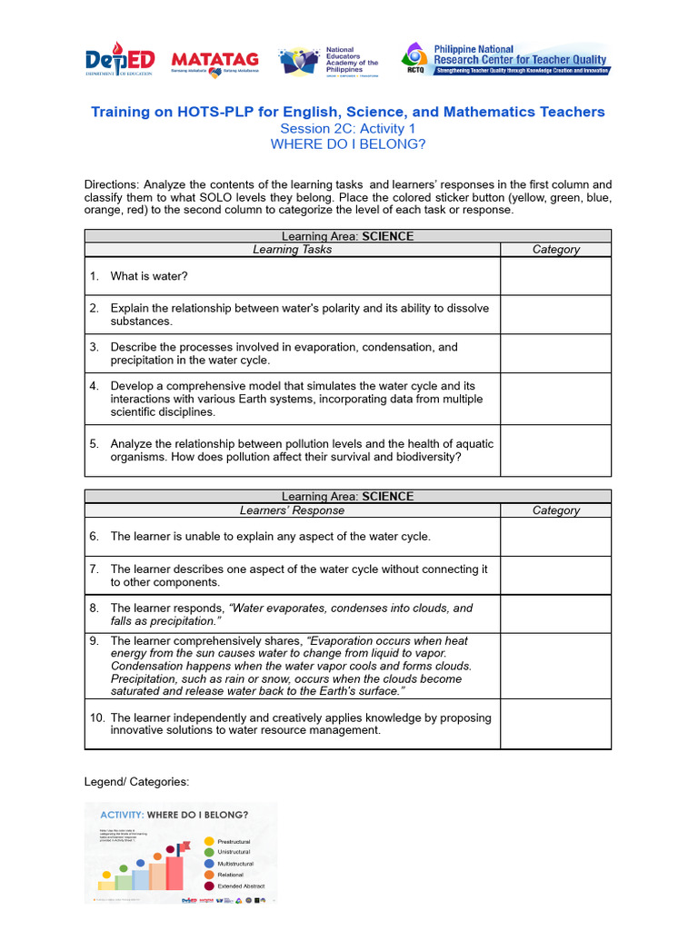 S2C - Activity Sheet - Activity 1 | PDF | Water | Learning