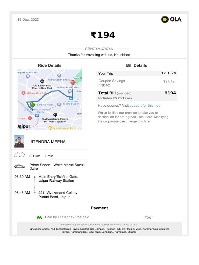 Ola Ride Invoice for Jaipur Trip | PDF | Invoice | Payments