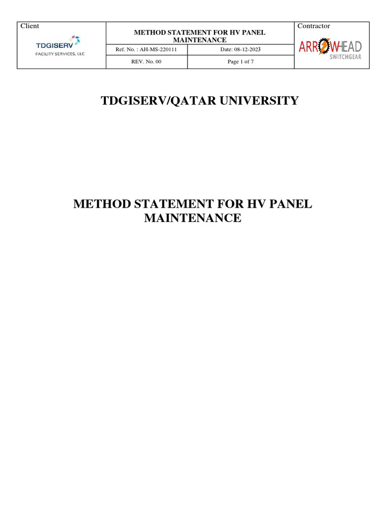 HV Panel Maintenance Method Statement | PDF | Specification (Technical ...