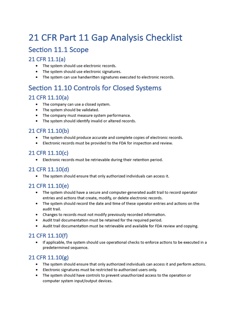 21 CFR Part 11 Compliance Checklist | PDF