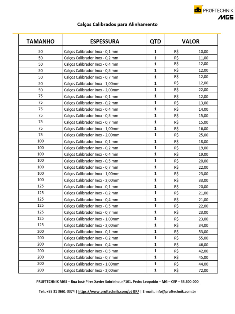 Calços Calibrados em Aço Inox | PDF | Casa e Jardim