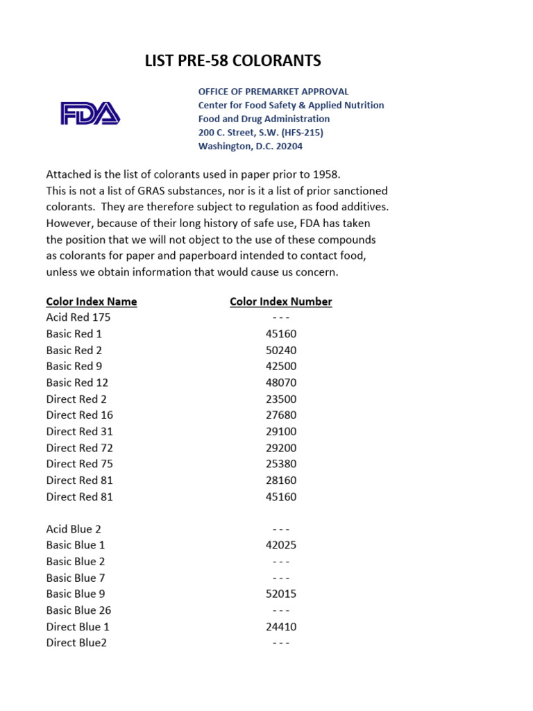 Pre-1958 Food Color Additives List | PDF | Yellow | Blue