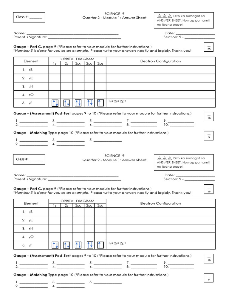 Answer Sheet Science 9 Q2 M1 | PDF | Quantum Mechanics | Quantum Chemistry