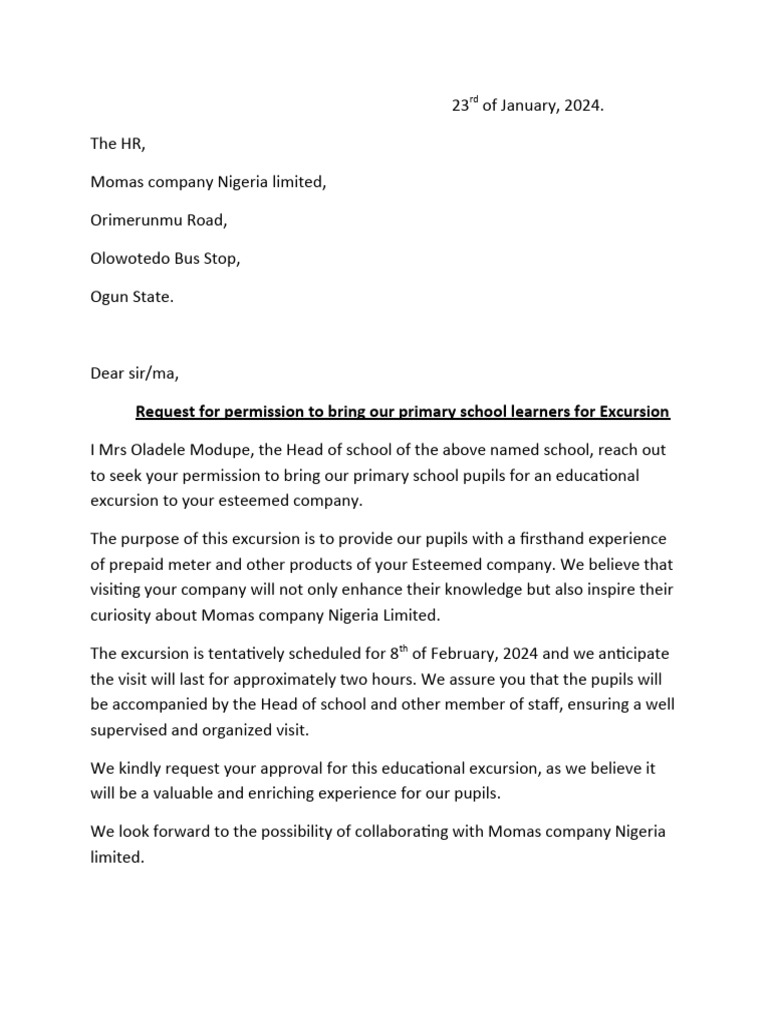 Excursion Permission Request to Momas Company | PDF