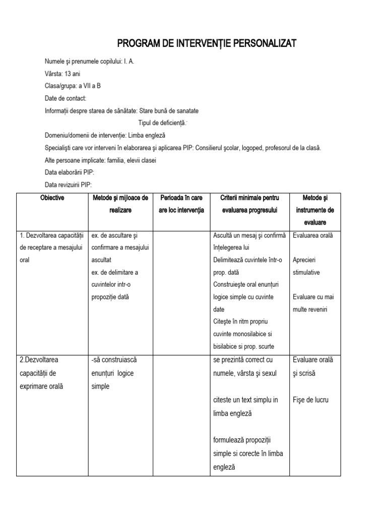 Program de Intervenţie Personalizat | PDF