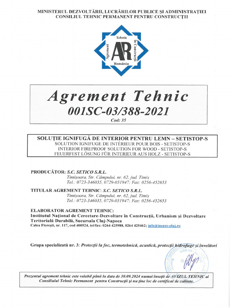 Agrement Tehnic 2019 Setistop S Solutie Ignifuga Lemn de Brad Osb Pal ...