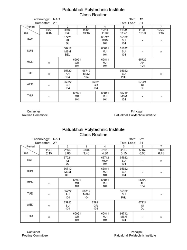 Patuakhali Polytechnic RAC Class Routine | PDF