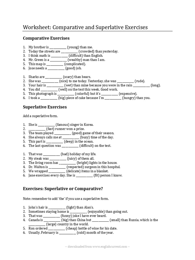 Comparative Superlative Worksheet Esl | PDF | Language Arts ...