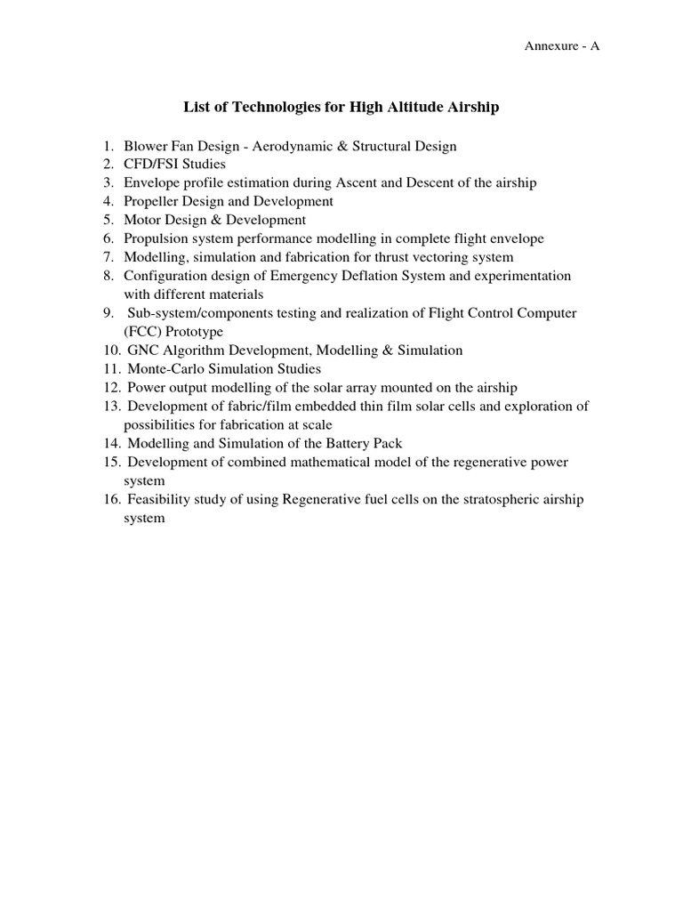 List of Technologies For High Altitude Airship - DRDO-ADRDE | PDF