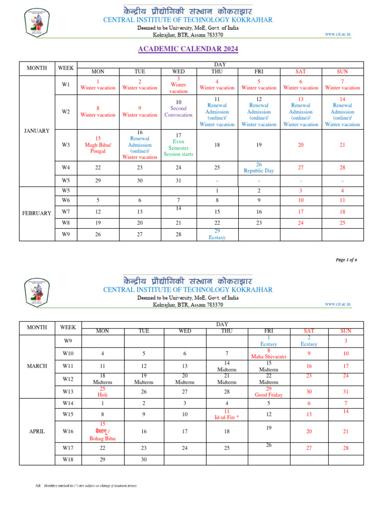 2024 CIT Calendar PDF Religious Festivals Monotheistic Religions