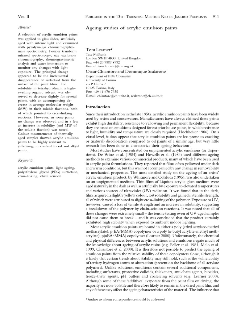 Ageing Studies of Acrylic Emulsion Paints PDF Paint Solubility
