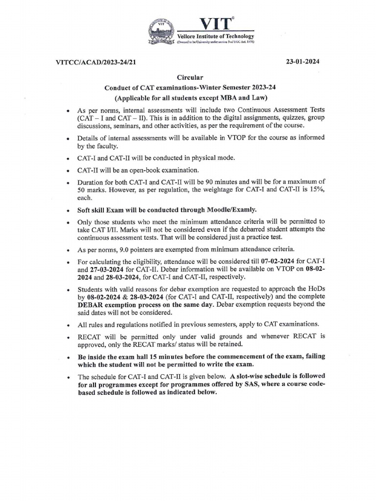 Winter Semester CAT Circular | PDF