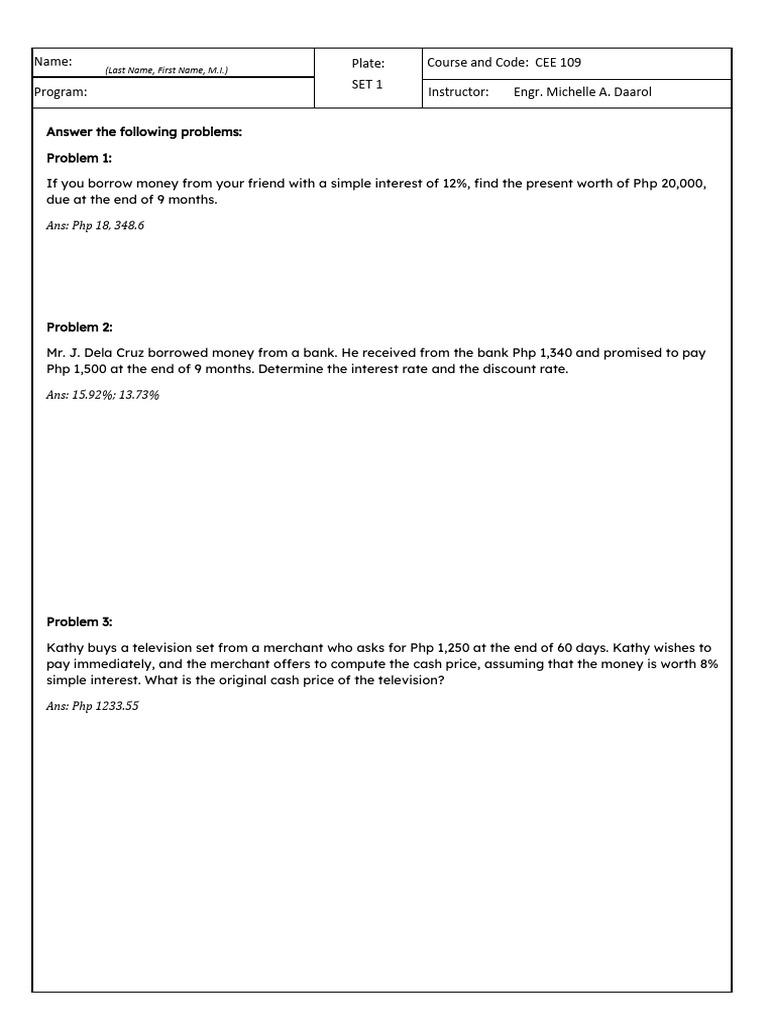 CEE 109 Practice Problems 1 | PDF | Interest | Loans