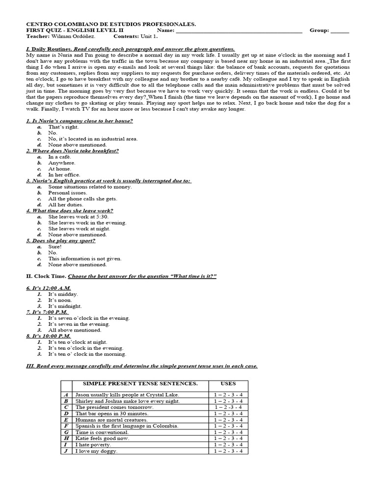 Daily Routines - Quiz | PDF