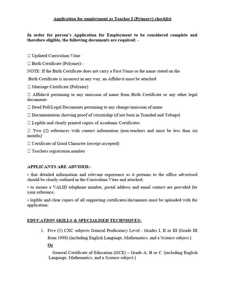 Teacher I Application Requirements Checklist | PDF | Birth Certificate ...