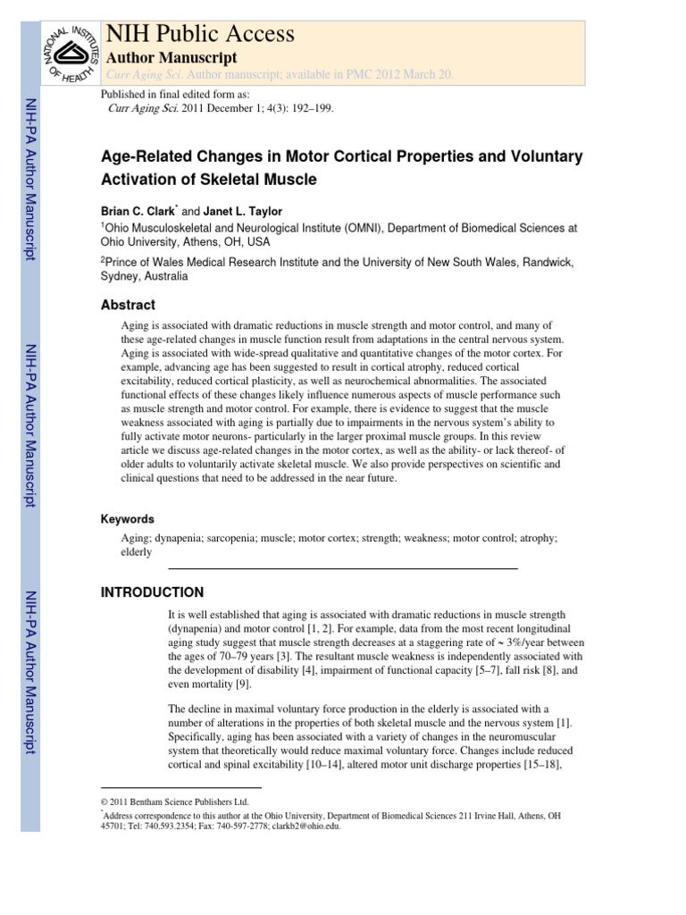Age Related Changes in Motor Cortical Properties and Voluntary ...