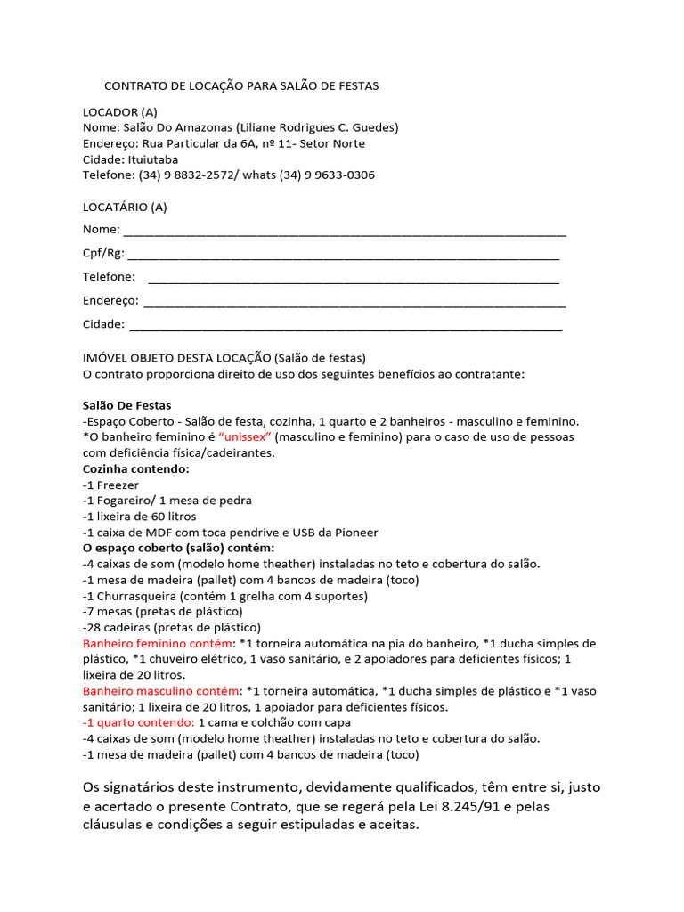 Modelo de Contrato de Locação para Salão de Festas | PDF | Chuveiro
