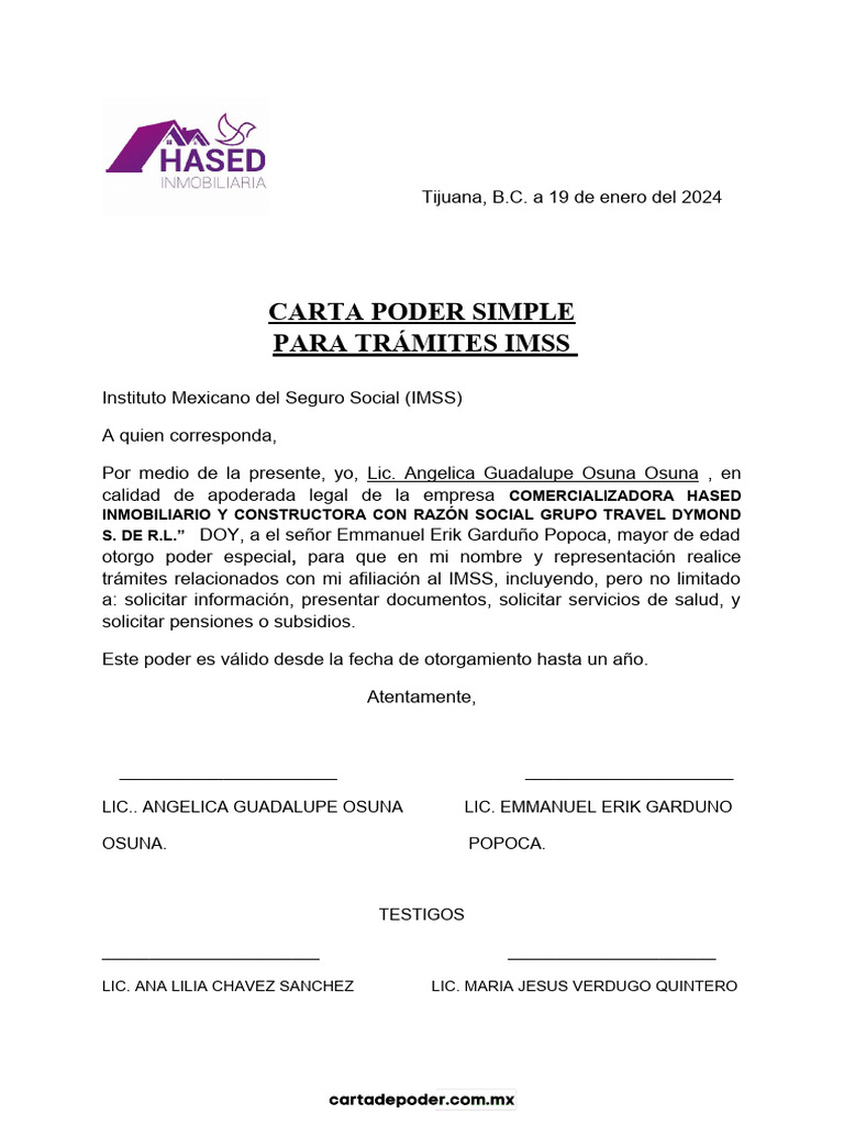 Carta Poder Simple para IMSS | PDF