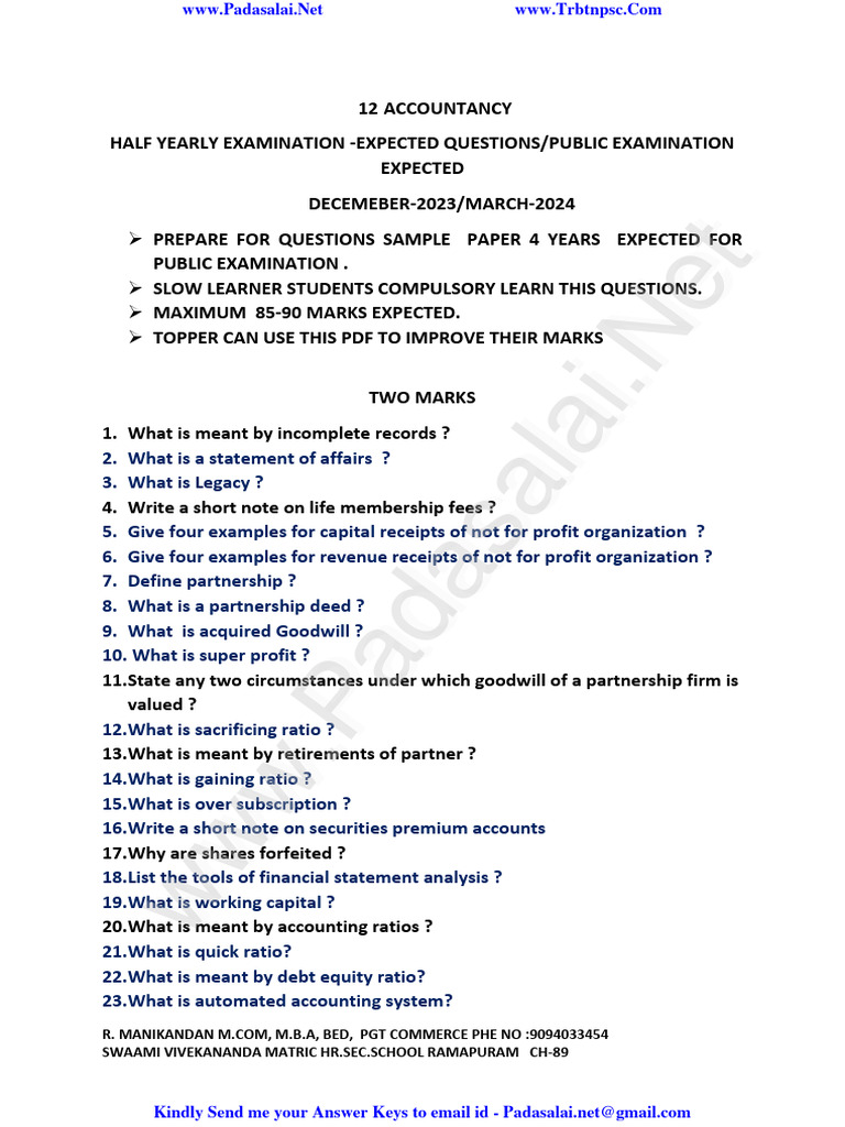 12th Accountancy Exam Important Questions | PDF | Financial Economics ...