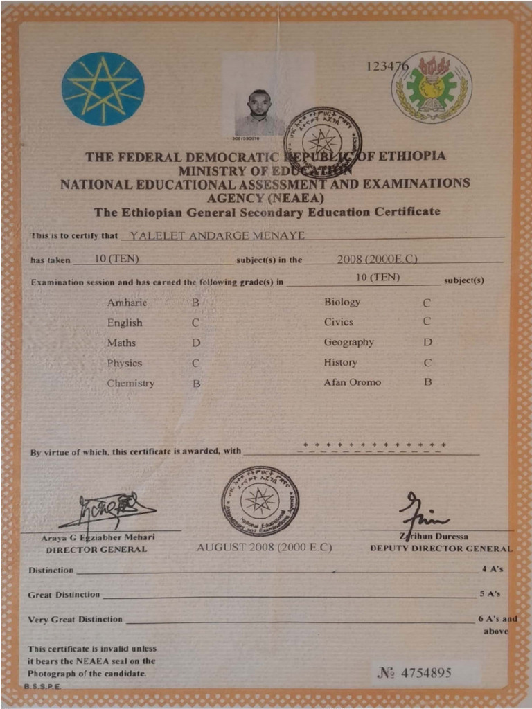10 Grade Certificate Yalelet Andarge | PDF