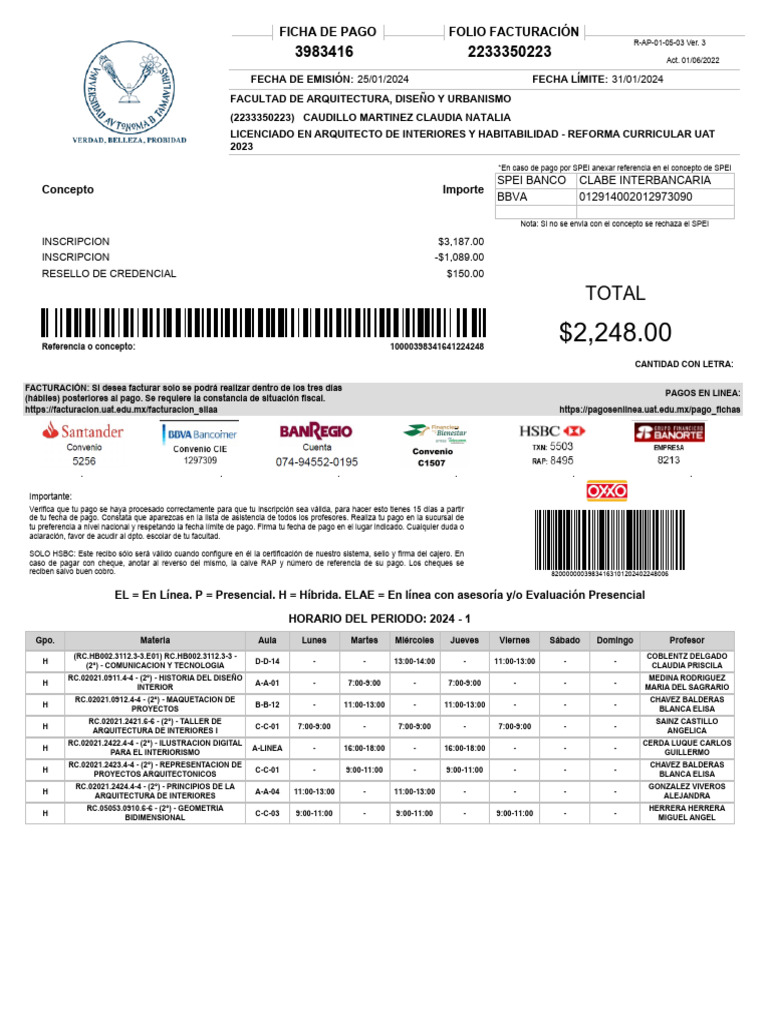 Ficha de Pago UAT 2024 | PDF | Bancario