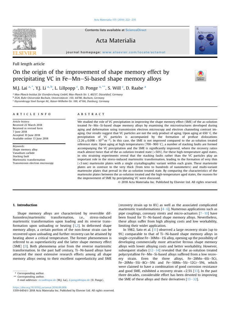 Acta Materialia 155 (2018) VC in Fe MN Si Shape Memory Steels | PDF ...