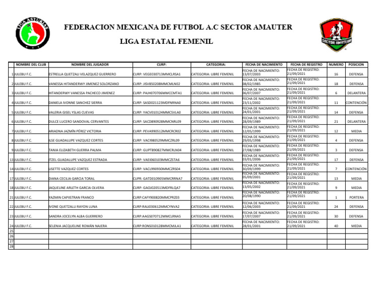 Plantilla Julebu F.C. Libre Femenil | PDF | Códigos de fútbol | Juegos ...