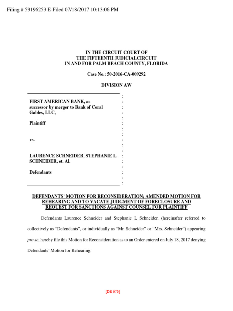 DEFENDANTS’ MOTION FOR RECONSIDERATION; AMENDED MOTION FOR REHEARING AND TO VACATE JUDGMENT OF