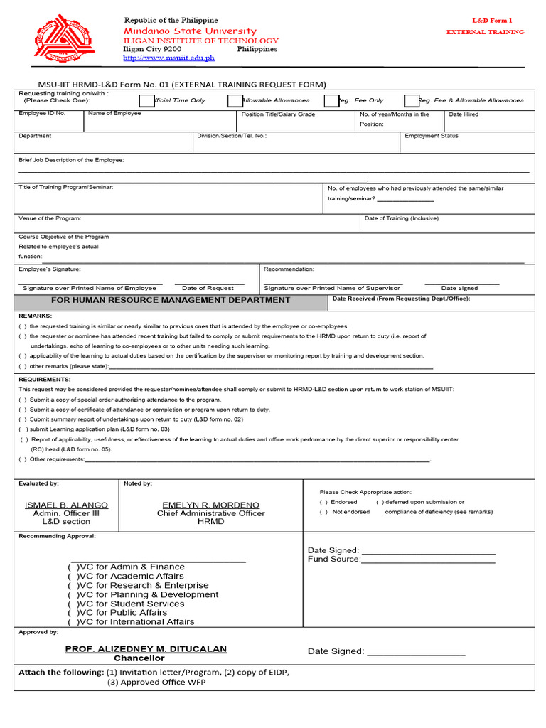 MSU-IIT External Training Request Form | PDF | Employment | Economies