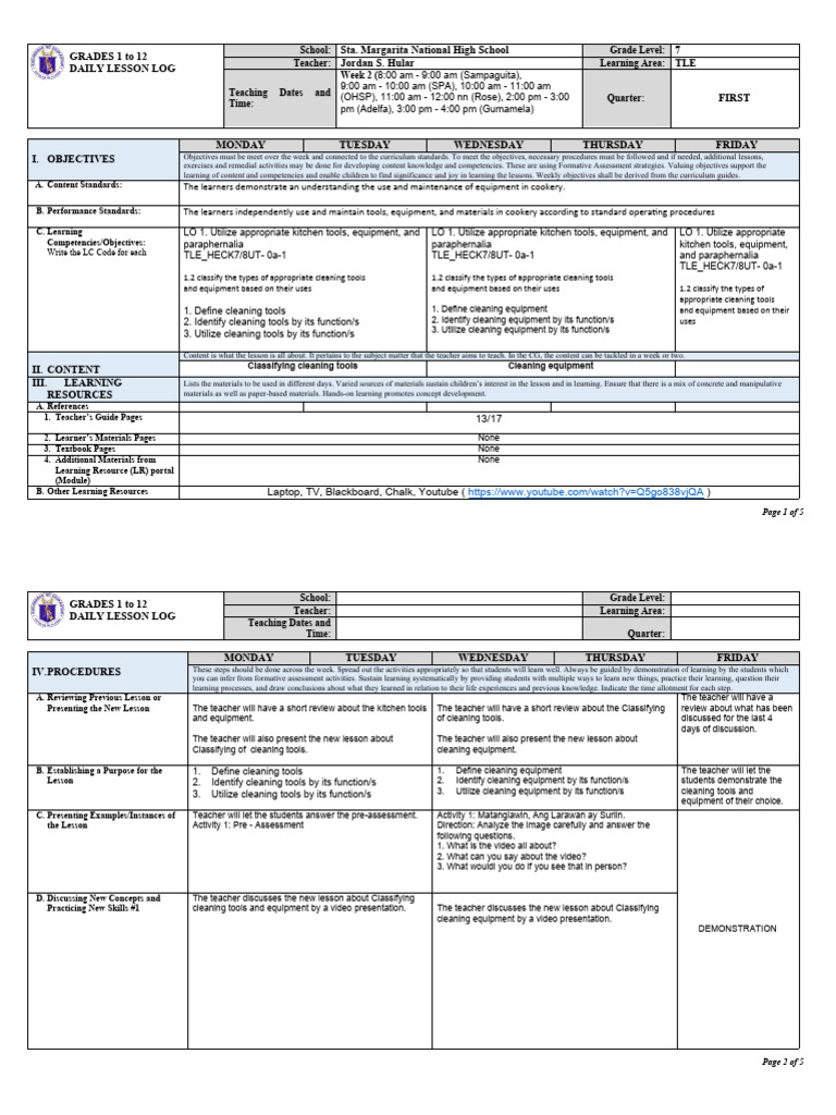 Week 2 Classifying Cleaning Tools And Equipment Pdf Learning