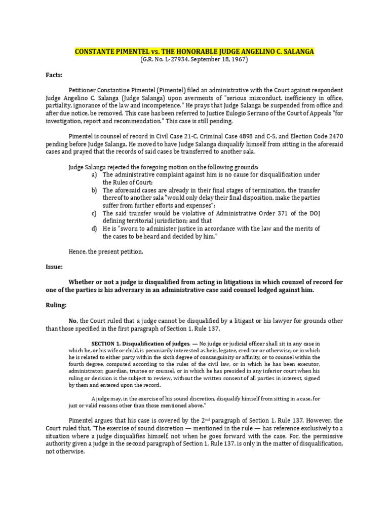 Pimentel v. Hon. Salanga 21 SCRA 160 (1967) | PDF
