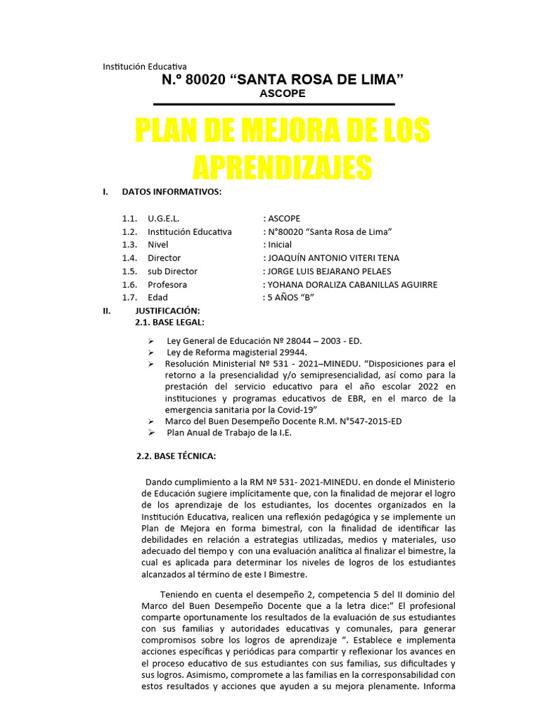 Plan de Mejora II Bimestre Inicial 2023 | PDF | Aprendizaje | Evaluación