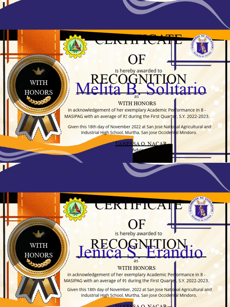 Blue and Orange Certificate of Recognition | PDF | Philippines