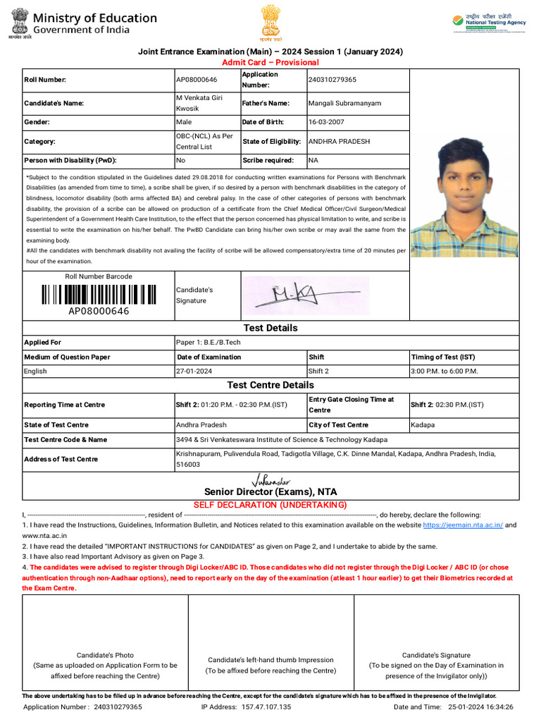 JEE Main 2024 Admit Card Instructions | PDF | Identity Document