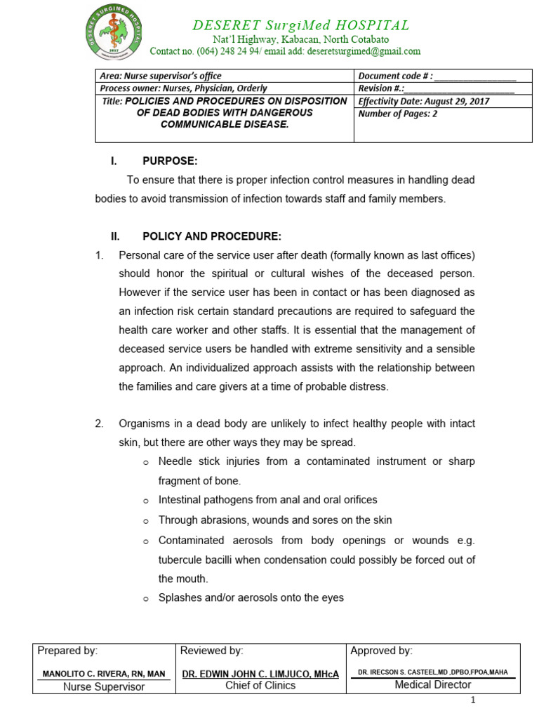 Dead Body Disposal Policies and Procedures | PDF | Infection | Nursing