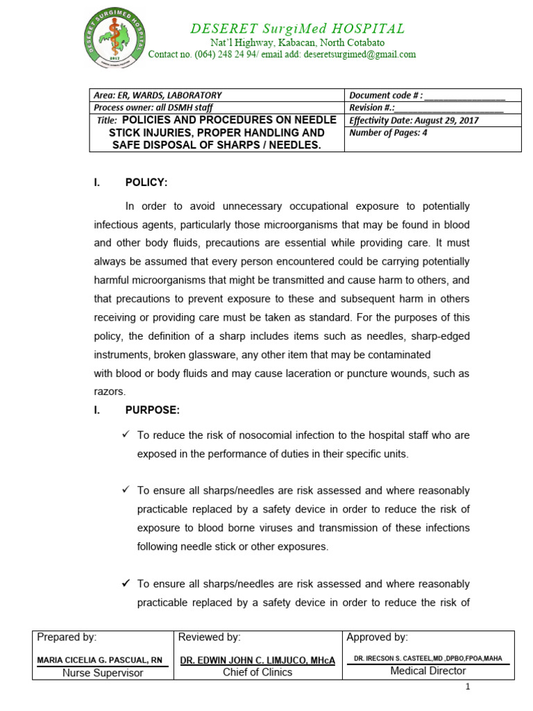 Policies Needle Stick Injuries PDF Medical Specialties Medicine