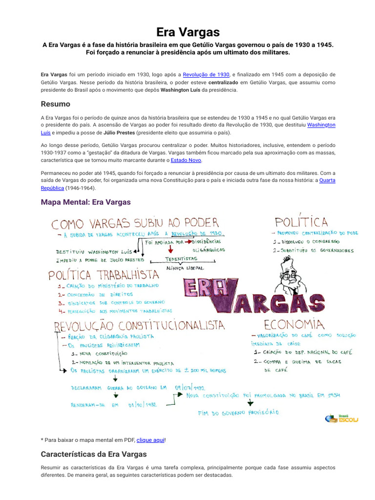 Era Vargas - Resumo, Características, Mapa Mental e Exercícios | PDF ...