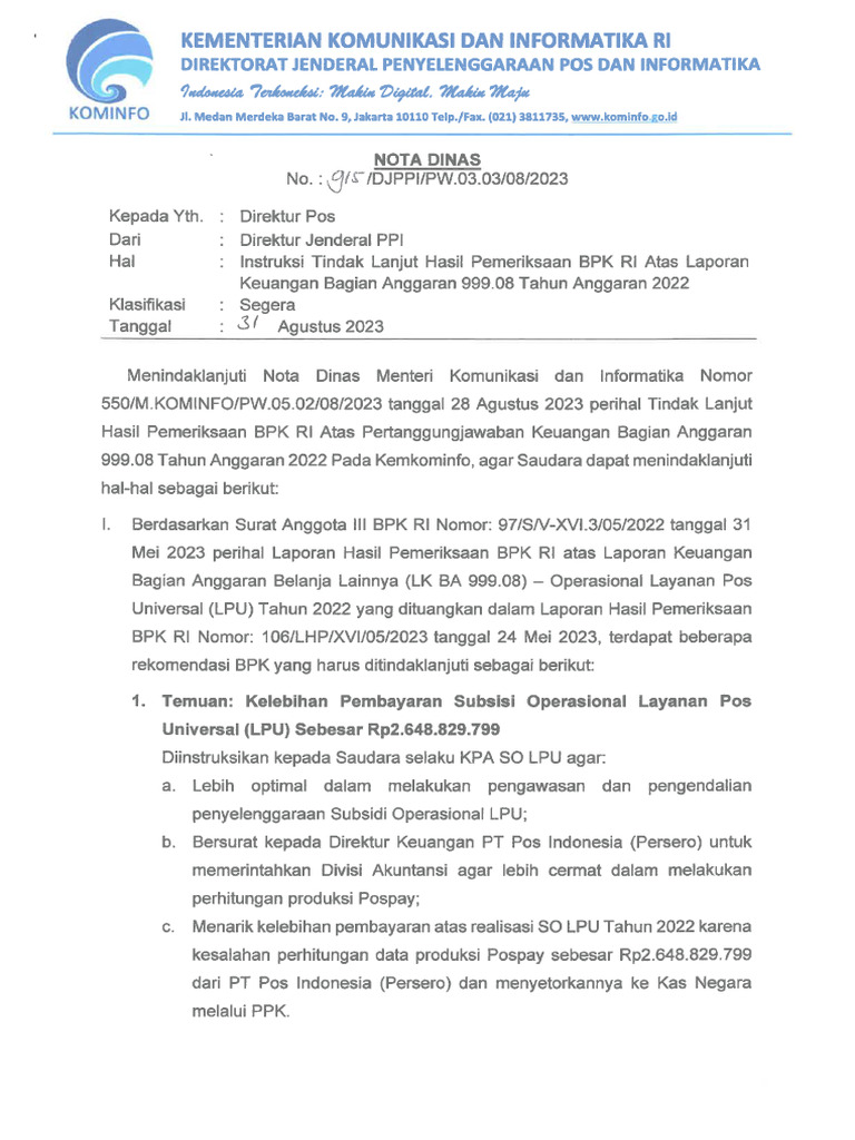 915 Nota Dinas Instruksi Dirjen Kepada Direktur Pos - Temuan BA999-1-3 ...