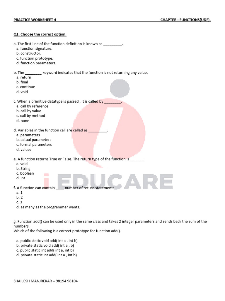 Functions Worksheet 4 Answers | PDF | Parameter (Computer Programming ...