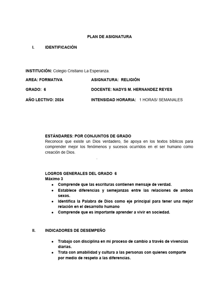 Plan de Religión 6to Grado 2024 | PDF | Aprendizaje | Evaluación