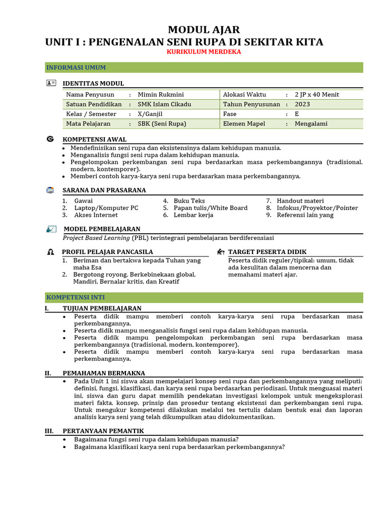 Modul Ajar Seni Rupa K-X SEM 1 | PDF | Karier & Perkembangan | Sains ...