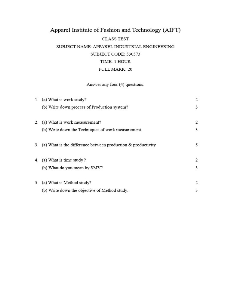 Apparel Industrial Enginerring Question | PDF
