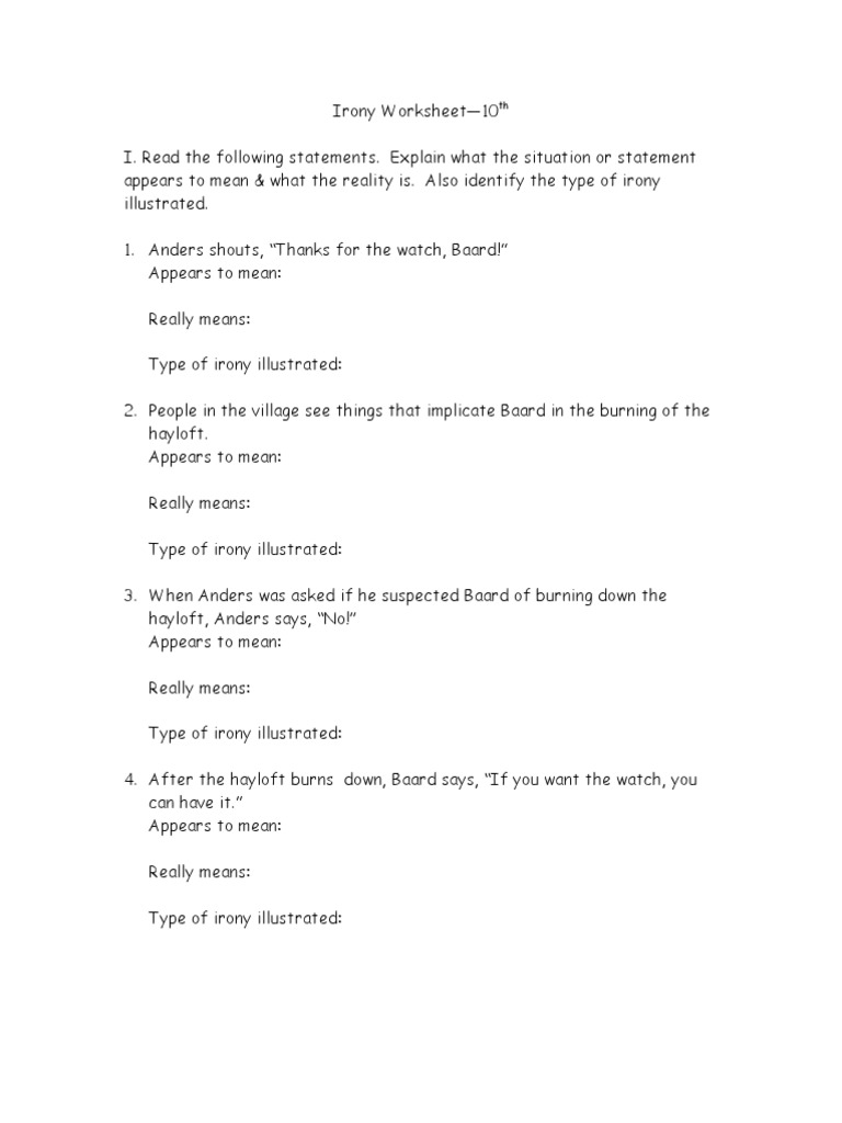 Worksheets Irony Worksheet irony worksheet 10th