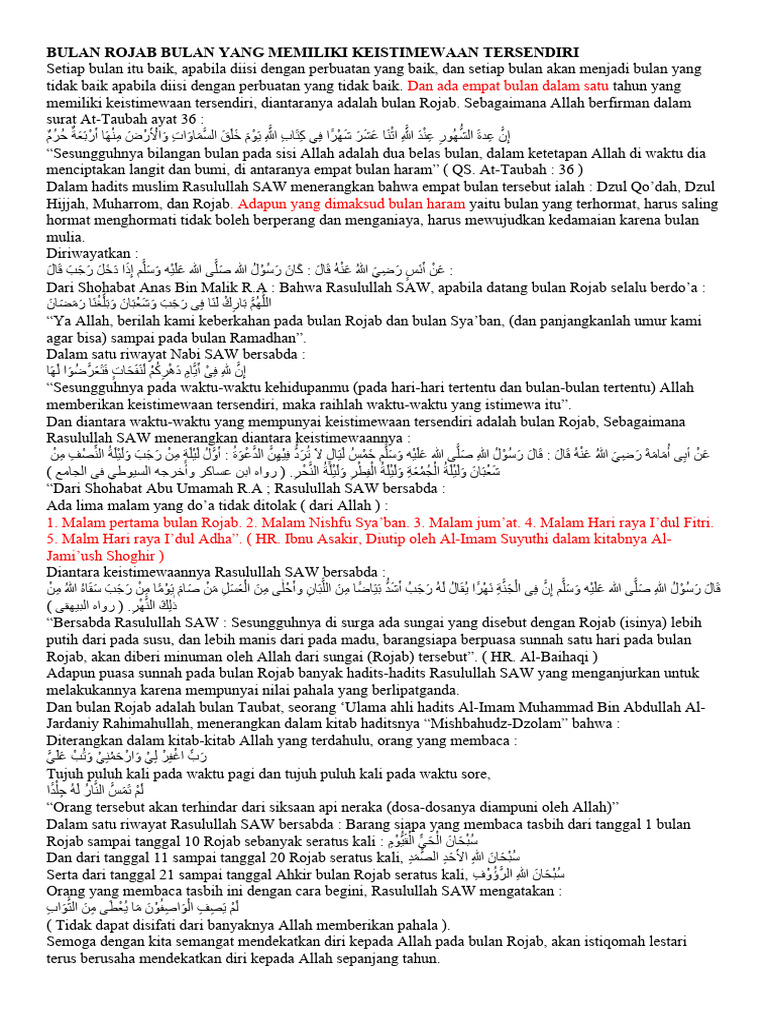 Bulan Rojab Bulan Yang Memiliki Keistimewaan Tersendiri | PDF