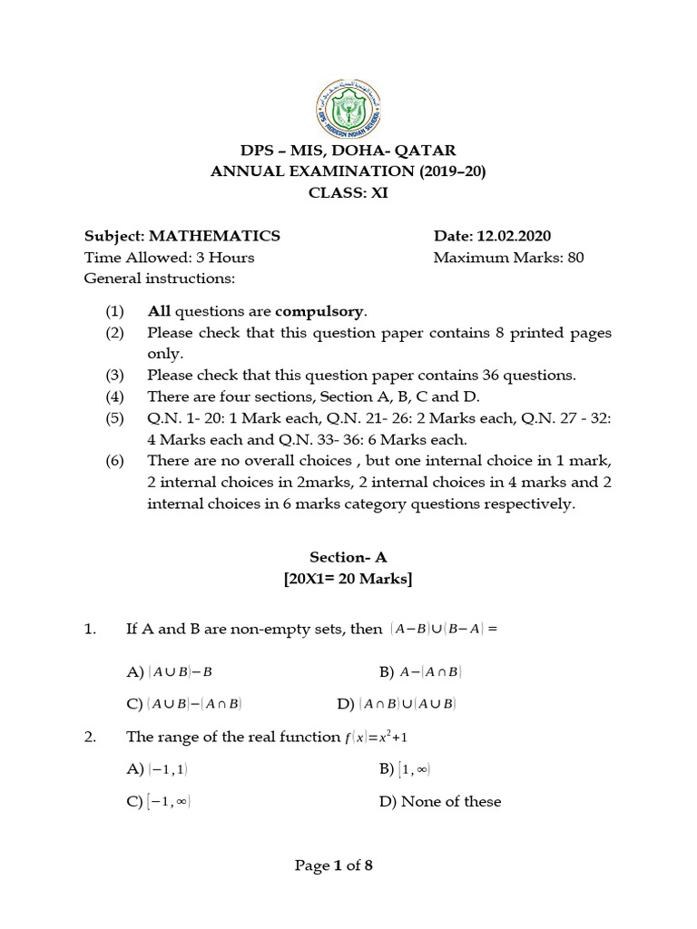 Class XI Mathematics Exam Paper 2019-20 | PDF | Mathematical Analysis ...