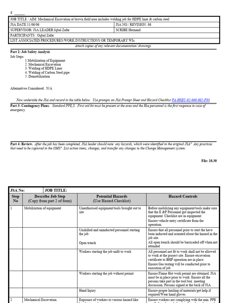 Mechanical Excavation Job Safety Analysis | PDF | Personal Protective ...
