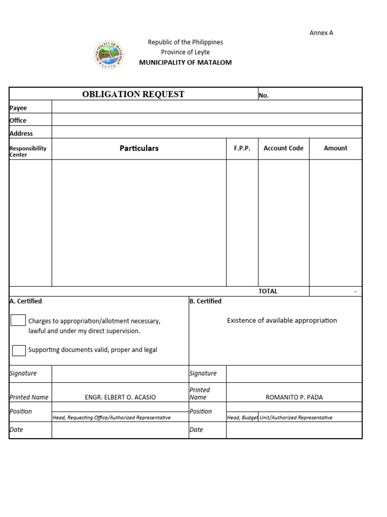 Obligation Request Form - Matalom | PDF