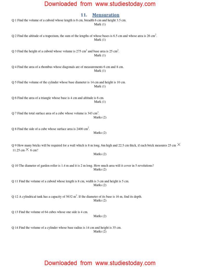 Class 8 Mensuration Practice Worksheet | PDF | Area | Volume