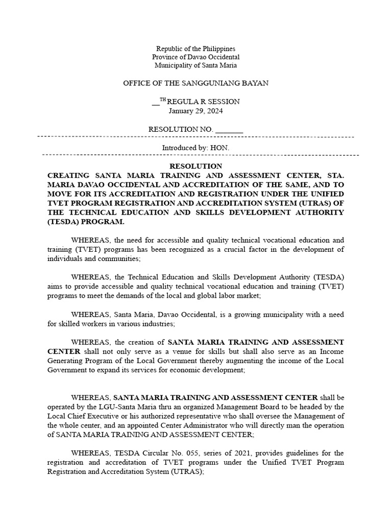 Santa Maria Training Center Resolution | PDF | Economies